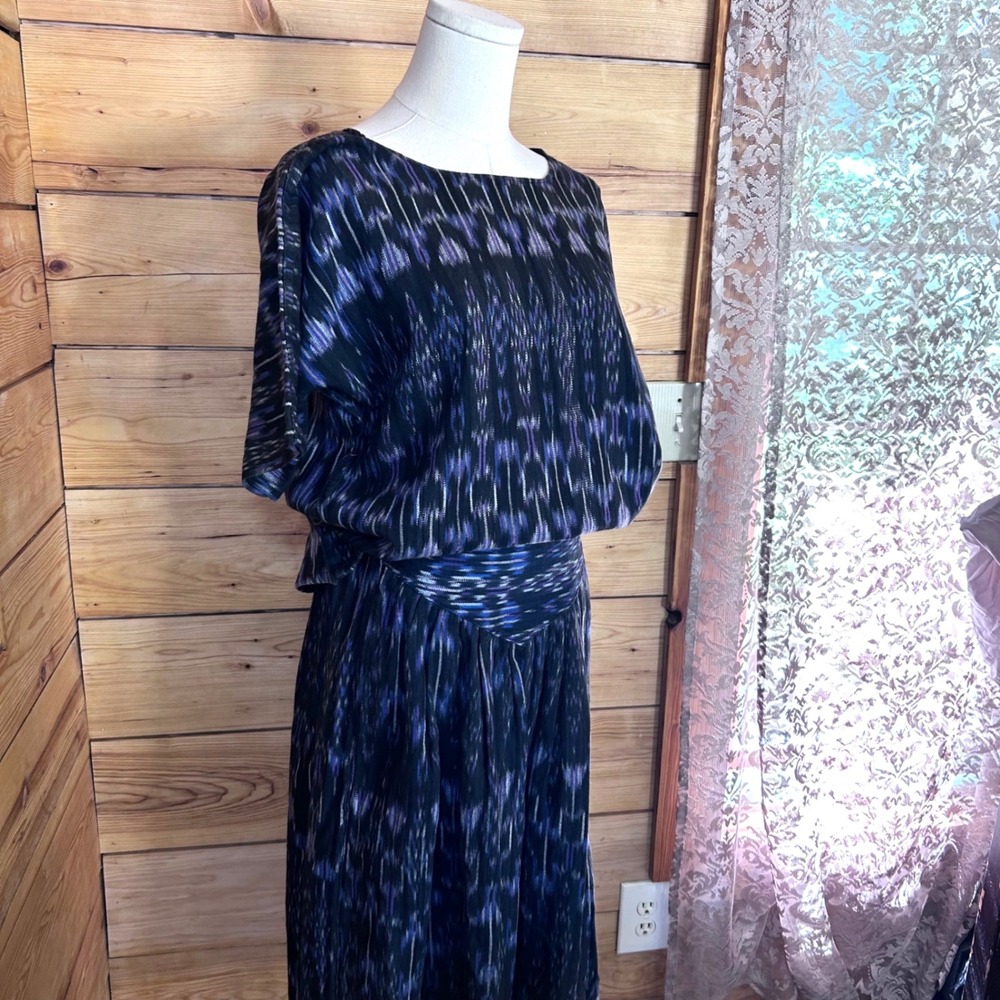 Vintage Ikat Two Piece Set Womens Large Purple Blue Blouse Midi Skirt 90s Co Ord